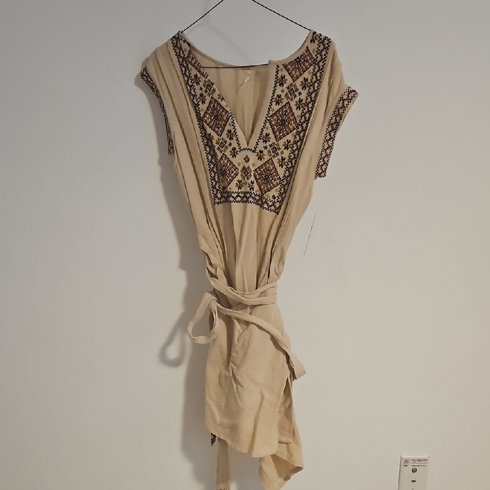 Free People Beige Embroidered Khaki Combo V-Neck Tie-Waist Midi Dress S/p New